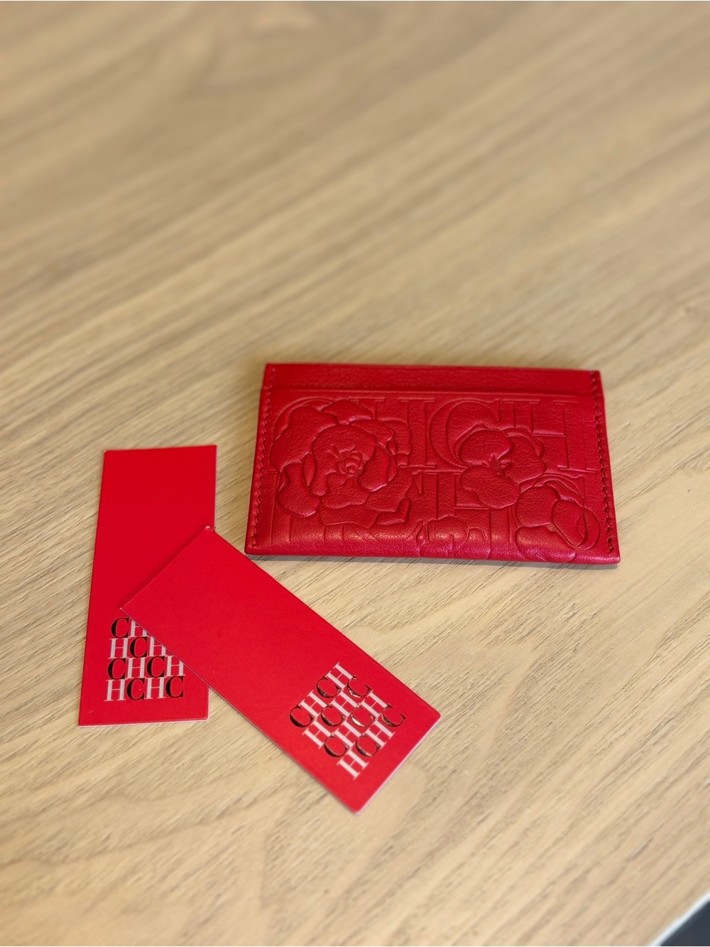 New Authentic Carolina Herrera Embossed Floral Leather, Scarlet Red Card Holder